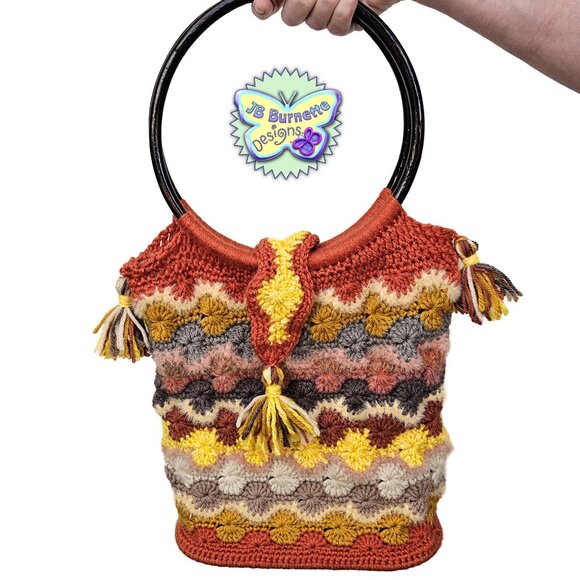 Handmade Crochet Starburst Bag, Wood Handle Purse, Solid Bottom Handbag Tote - Picture 1 of 9